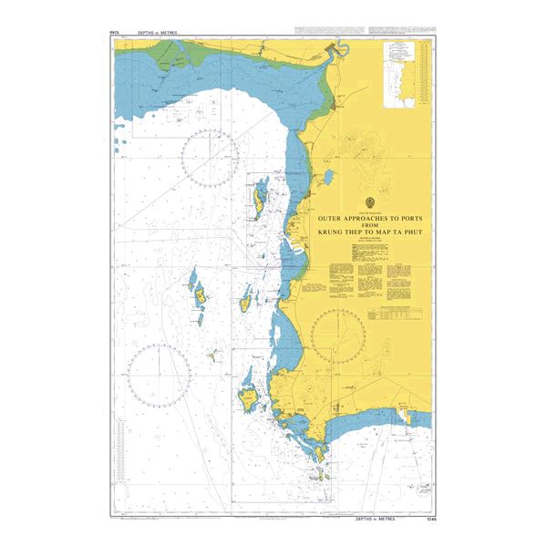 Product image of Admiralty Chart 1046 | Outer Approaches to Ports from Krung Thep to Map Ta Phut, featuring navigational markings, depth soundings, and coastal features, essential for safe marine navigation. It could be displayed as an art piece or used for navigation on a boat or ship.