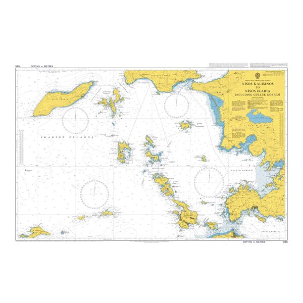 Product image of Admiralty Chart 1056 | Nisos Kalymnos to Nisos Ikaria including Gulluk Korfezi, featuring navigational markings, depth soundings, and coastal features, essential for safe marine navigation. It could be displayed as an art piece or used for navigation on a boat or ship.