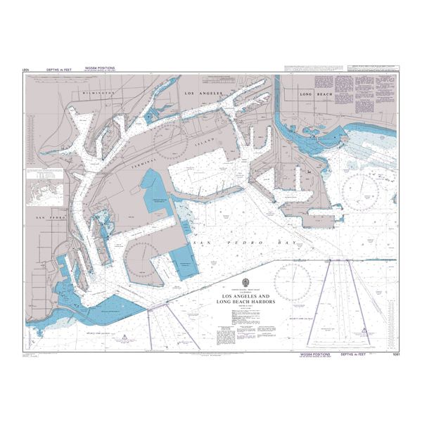 Product image of Admiralty Chart 1081 | Los Angeles and Long Beach Harbors, featuring navigational markings, depth soundings, and coastal features, essential for safe marine navigation. It could be displayed as an art piece or used for navigation on a boat or ship.