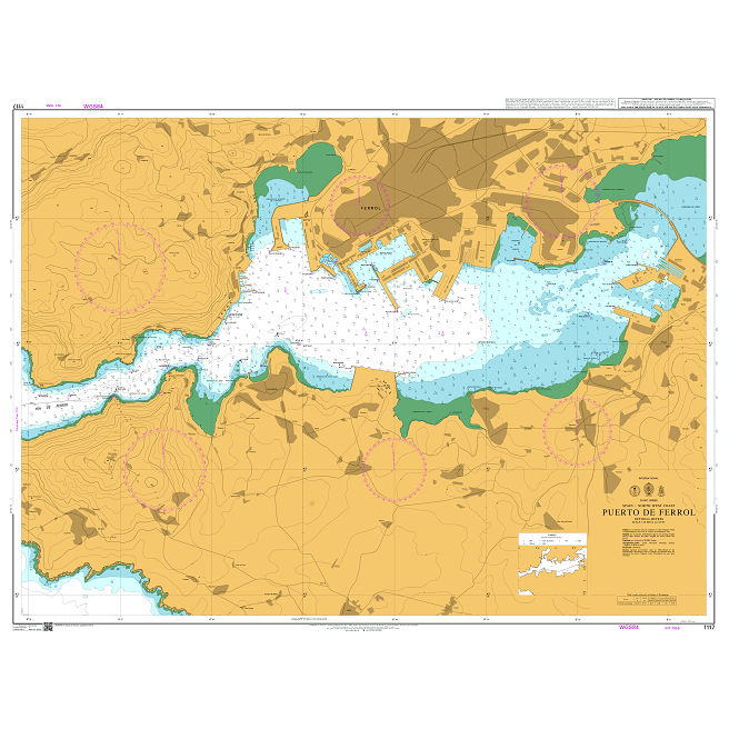 Product image of Admiralty Chart 1117 | Puerto de Ferrol, featuring navigational markings, depth soundings, and coastal features, essential for safe marine navigation. It could be displayed as an art piece or used for navigation on a boat or ship.