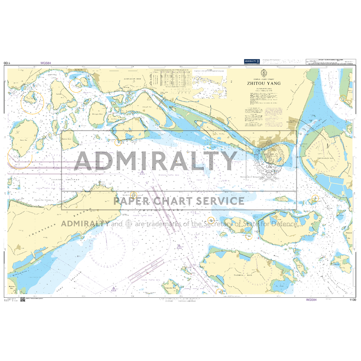 Product image of Admiralty Chart 1130 | Zhitou Yang, featuring navigational markings, depth soundings, and coastal features, essential for safe marine navigation. It could be displayed as an art piece or used for navigation on a boat or ship.