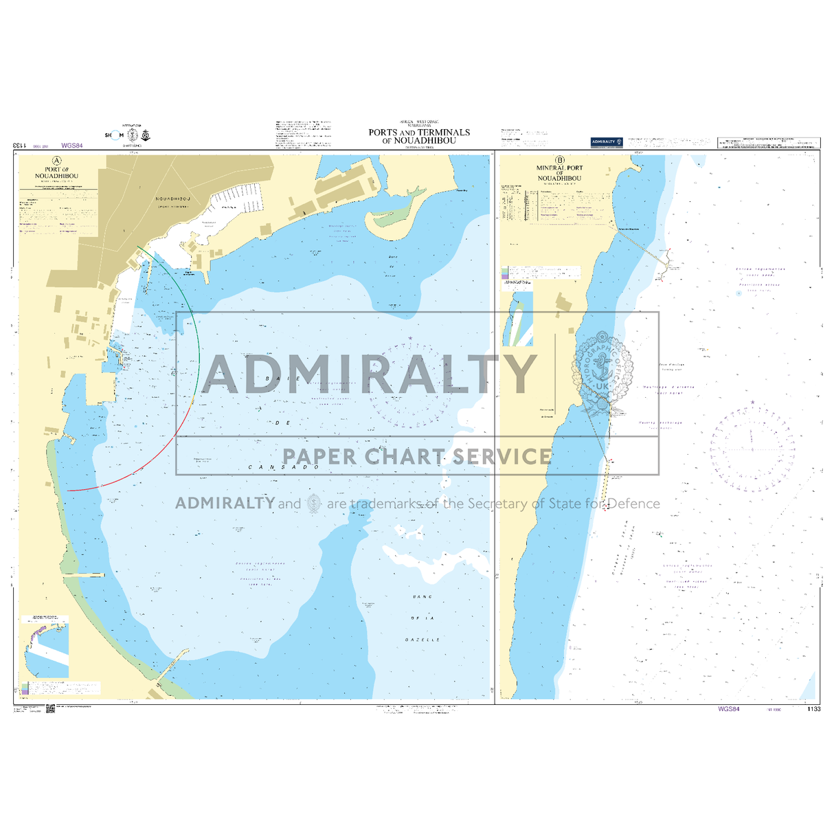 Product image of Admiralty Chart 1133 | Ports and Terminals of Nouadhibou, featuring navigational markings, depth soundings, and coastal features, essential for safe marine navigation. It could be displayed as an art piece or used for navigation on a boat or ship.