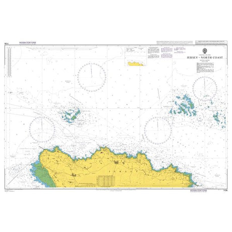 Product image of Admiralty Chart 1136 | Jersey - North Coast, featuring navigational markings, depth soundings, and coastal features, essential for safe marine navigation. It could be displayed as an art piece or used for navigation on a boat or ship.