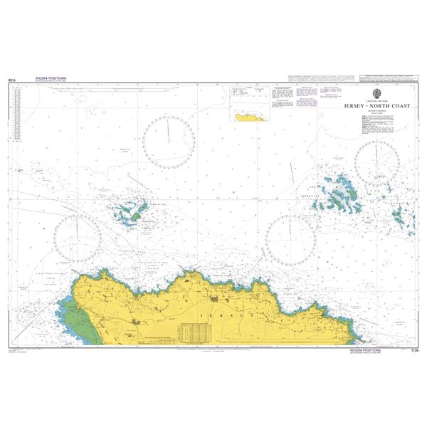 Product image of Admiralty Chart 1136 | Jersey - North Coast, featuring navigational markings, depth soundings, and coastal features, essential for safe marine navigation. It could be displayed as an art piece or used for navigation on a boat or ship.