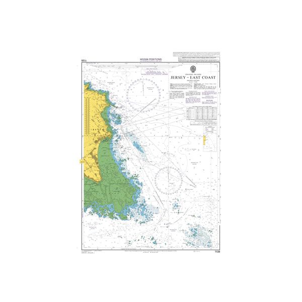 Product image of Admiralty Chart 1138 | Jersey - East Coast, featuring navigational markings, depth soundings, and coastal features, essential for safe marine navigation. It could be displayed as an art piece or used for navigation on a boat or ship.
