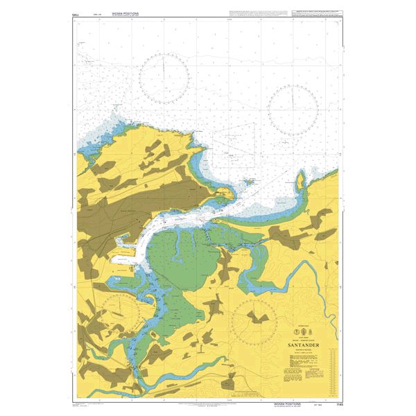 Product image of Admiralty Chart 1145 | Santander, featuring navigational markings, depth soundings, and coastal features, essential for safe marine navigation. It could be displayed as an art piece or used for navigation on a boat or ship.