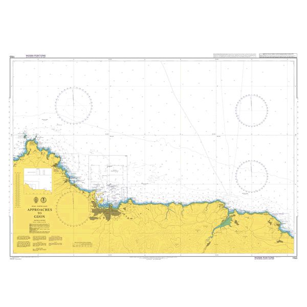 Product image of Admiralty Chart 1153 | Approaches to Gijon, featuring navigational markings, depth soundings, and coastal features, essential for safe marine navigation. It could be displayed as an art piece or used for navigation on a boat or ship.