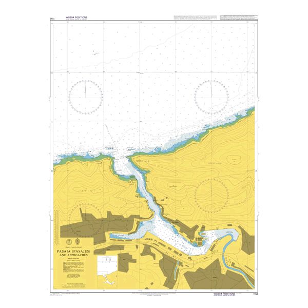 Product image of Admiralty Chart 1157 | Pasaia (Pasajes) and Approaches, featuring navigational markings, depth soundings, and coastal features, essential for safe marine navigation. It could be displayed as an art piece or used for navigation on a boat or ship.