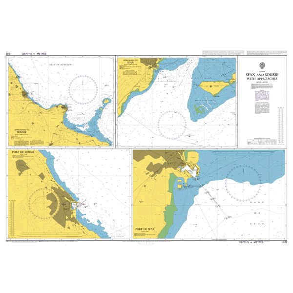 Product image of Admiralty Chart 1162 | Sfax and Sousse with Approaches, featuring navigational markings, depth soundings, and coastal features, essential for safe marine navigation. It could be displayed as an art piece or used for navigation on a boat or ship.