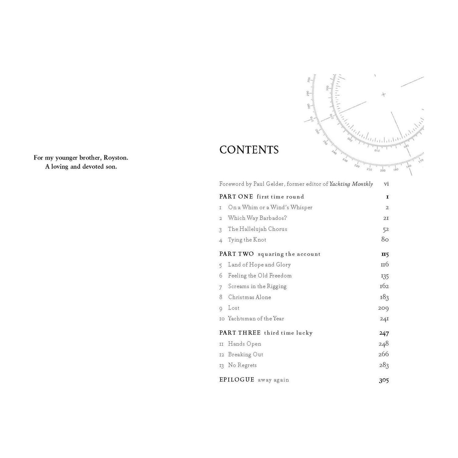 The image features the contents page of the book "Solitaire Spirit" by Adlard Coles, along with a dedication: "For my younger brother, Royston. A loving and devoted son." The contents list parts, chapter titles, and page numbers on a circular design reminiscent of sailors like Les Powles.