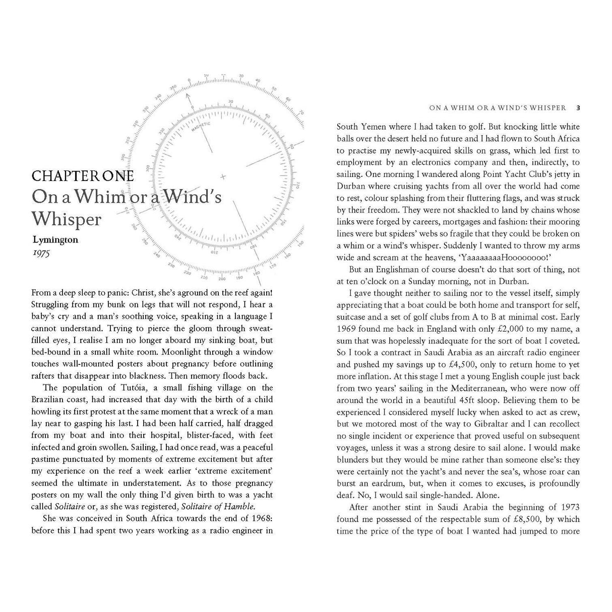 A page from a book titled "ON A WHIM OR A WIND'S WHISPER," revealing Chapter One, explores personal stories, moving from calm scenes to South Yemen's work conditions, capturing the essence of remarkable sailors like Les Powles and their solo journeys, akin to those in Adlard Coles' "Solitaire Spirit.
