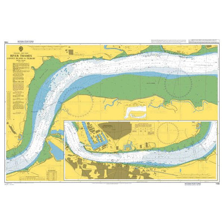 Product image of Admiralty Chart 1186 | River Thames Canvey Island to Tilbury, featuring navigational markings, depth soundings, and coastal features, essential for safe marine navigation. It could be displayed as an art piece or used for navigation on a boat or ship.
