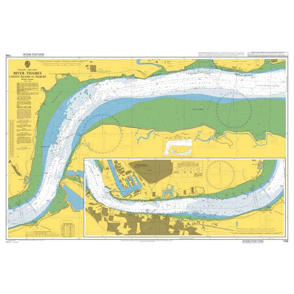 Product image of Admiralty Chart 1186 | River Thames Canvey Island to Tilbury, featuring navigational markings, depth soundings, and coastal features, essential for safe marine navigation. It could be displayed as an art piece or used for navigation on a boat or ship.