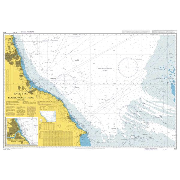 Product image of Admiralty Chart 1191 | River Tyne to Flamborough Head, featuring navigational markings, depth soundings, and coastal features, essential for safe marine navigation. It could be displayed as an art piece or used for navigation on a boat or ship.