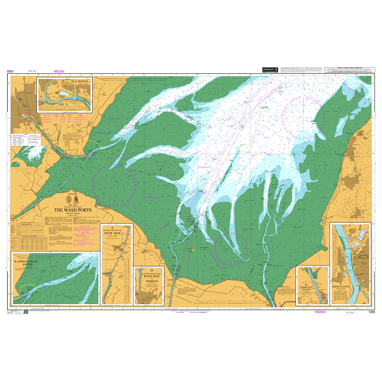 Product image of Admiralty Chart 1200 | The Wash Ports, featuring navigational markings, depth soundings, and coastal features, essential for safe marine navigation. It could be displayed as an art piece or used for navigation on a boat or ship.