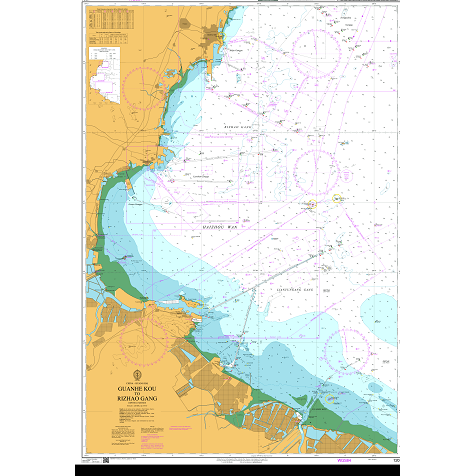 Product image of Admiralty Chart 1201 | Guanhe Kou to Rizhao Gang, featuring navigational markings, depth soundings, and coastal features, essential for safe marine navigation. It could be displayed as an art piece or used for navigation on a boat or ship.
