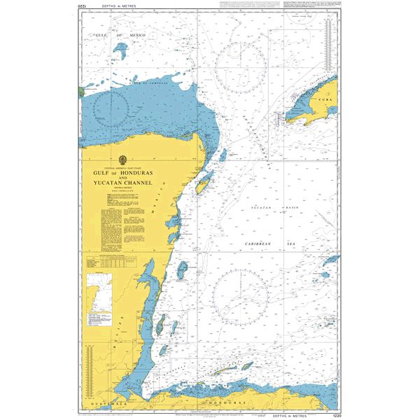Product image of Admiralty Chart 1220 | Gulf of Honduras and Yucatan Channel, featuring navigational markings, depth soundings, and coastal features, essential for safe marine navigation. It could be displayed as an art piece or used for navigation on a boat or ship.