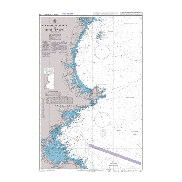 Product image of Admiralty Chart 1227 | Portsmouth Harbor to Boston Harbor, featuring navigational markings, depth soundings, and coastal features, essential for safe marine navigation. It could be displayed as an art piece or used for navigation on a boat or ship.