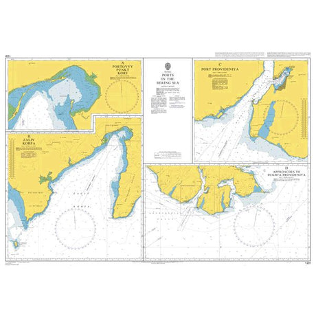 Product image of Admiralty Chart 1231 | Ports in the Bering Sea, featuring navigational markings, depth soundings, and coastal features, essential for safe marine navigation. It could be displayed as an art piece or used for navigation on a boat or ship.