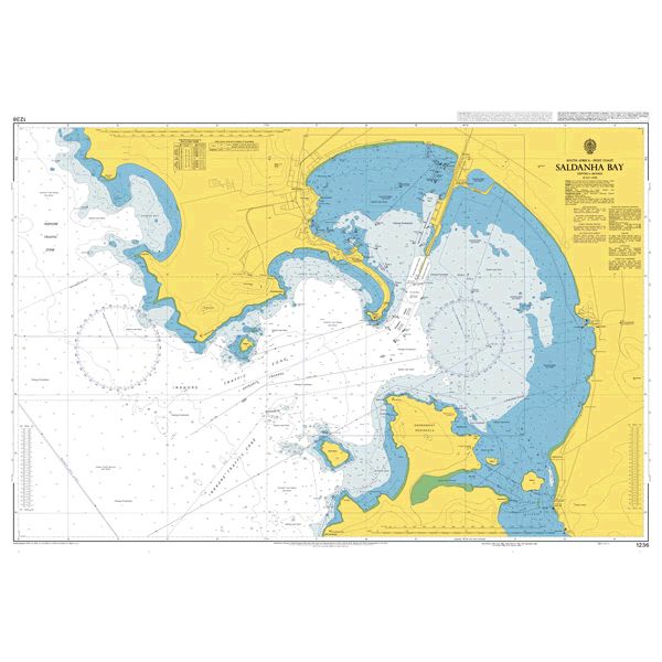 Product image of Admiralty Chart 1236 | Entrance to Saldanha Bay, featuring navigational markings, depth soundings, and coastal features, essential for safe marine navigation. It could be displayed as an art piece or used for navigation on a boat or ship.