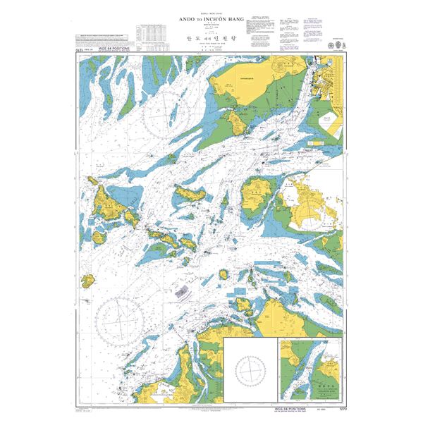 Product image of Admiralty Chart 1270 | Ando to Incheon Hang, featuring navigational markings, depth soundings, and coastal features, essential for safe marine navigation. It could be displayed as an art piece or used for navigation on a boat or ship.