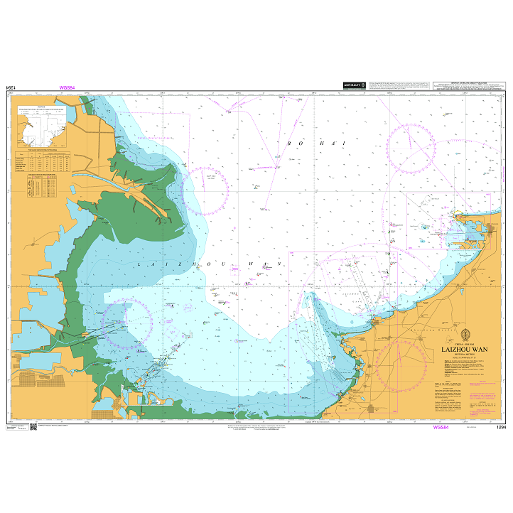 Product image of Admiralty Chart 1294 | Laizhou Wan, featuring navigational markings, depth soundings, and coastal features, essential for safe marine navigation. It could be displayed as an art piece or used for navigation on a boat or ship.