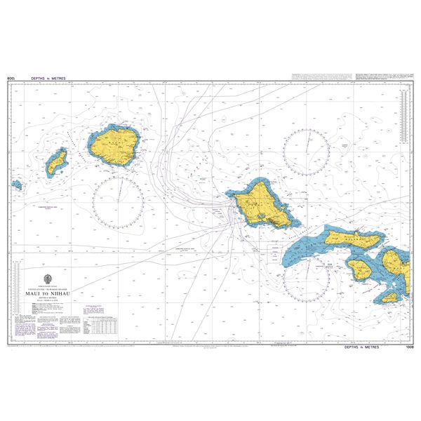 Product image of Admiralty Chart 1308 | Maui to Niihau, featuring navigational markings, depth soundings, and coastal features, essential for safe marine navigation. It could be displayed as an art piece or used for navigation on a boat or ship.