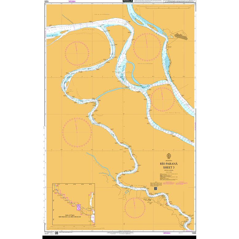 Product image of Admiralty Chart 1325 | Rio Parana Sheet 3, featuring navigational markings, depth soundings, and coastal features, essential for safe marine navigation. It could be displayed as an art piece or used for navigation on a boat or ship.