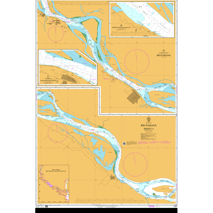 Product image of Admiralty Chart 1327 | Rio Parana Sheet 5, featuring navigational markings, depth soundings, and coastal features, essential for safe marine navigation. It could be displayed as an art piece or used for navigation on a boat or ship.