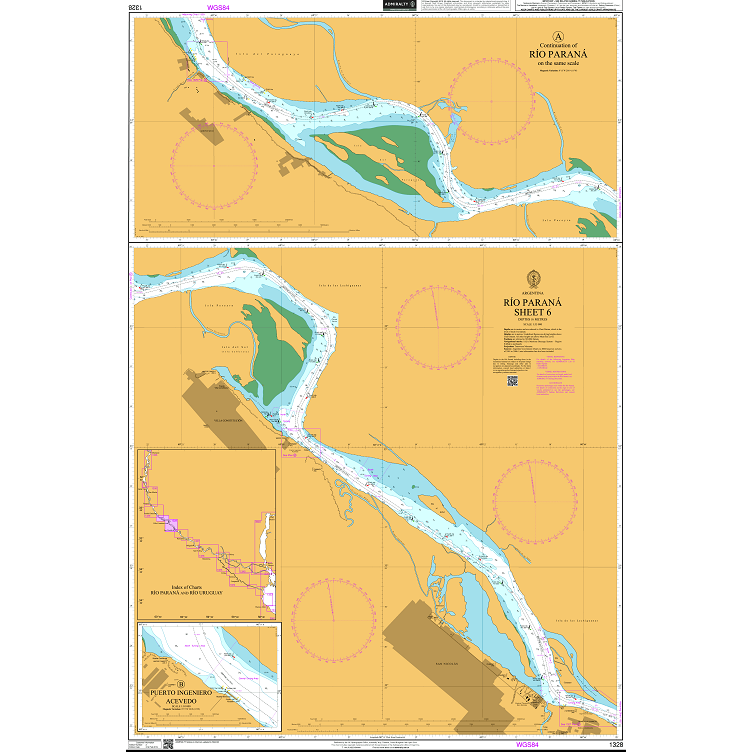 Product image of Admiralty Chart 1328 | Rio Parana Sheet 6, featuring navigational markings, depth soundings, and coastal features, essential for safe marine navigation. It could be displayed as an art piece or used for navigation on a boat or ship.