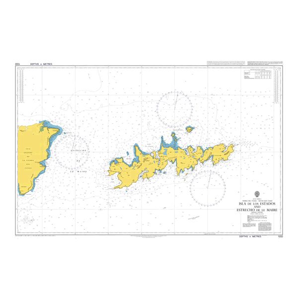Product image of Admiralty Chart 1332 | Isla de los Estados and Estrecho de le Maire, featuring navigational markings, depth soundings, and coastal features, essential for safe marine navigation. It could be displayed as an art piece or used for navigation on a boat or ship.