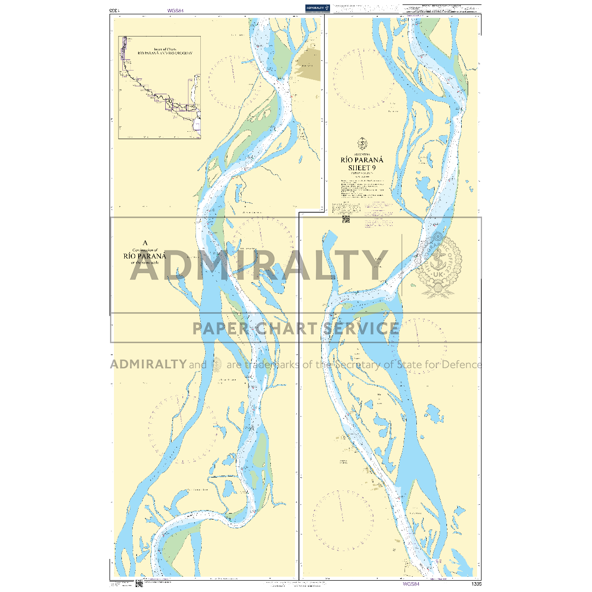 Product image of Admiralty Chart 1335 | Rio Parana Sheet 9, featuring navigational markings, depth soundings, and coastal features, essential for safe marine navigation. It could be displayed as an art piece or used for navigation on a boat or ship.