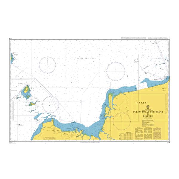 Product image of Admiralty Chart 1336 | Pulau-Pulau Subi Besar to Bintulu, featuring navigational markings, depth soundings, and coastal features, essential for safe marine navigation. It could be displayed as an art piece or used for navigation on a boat or ship.