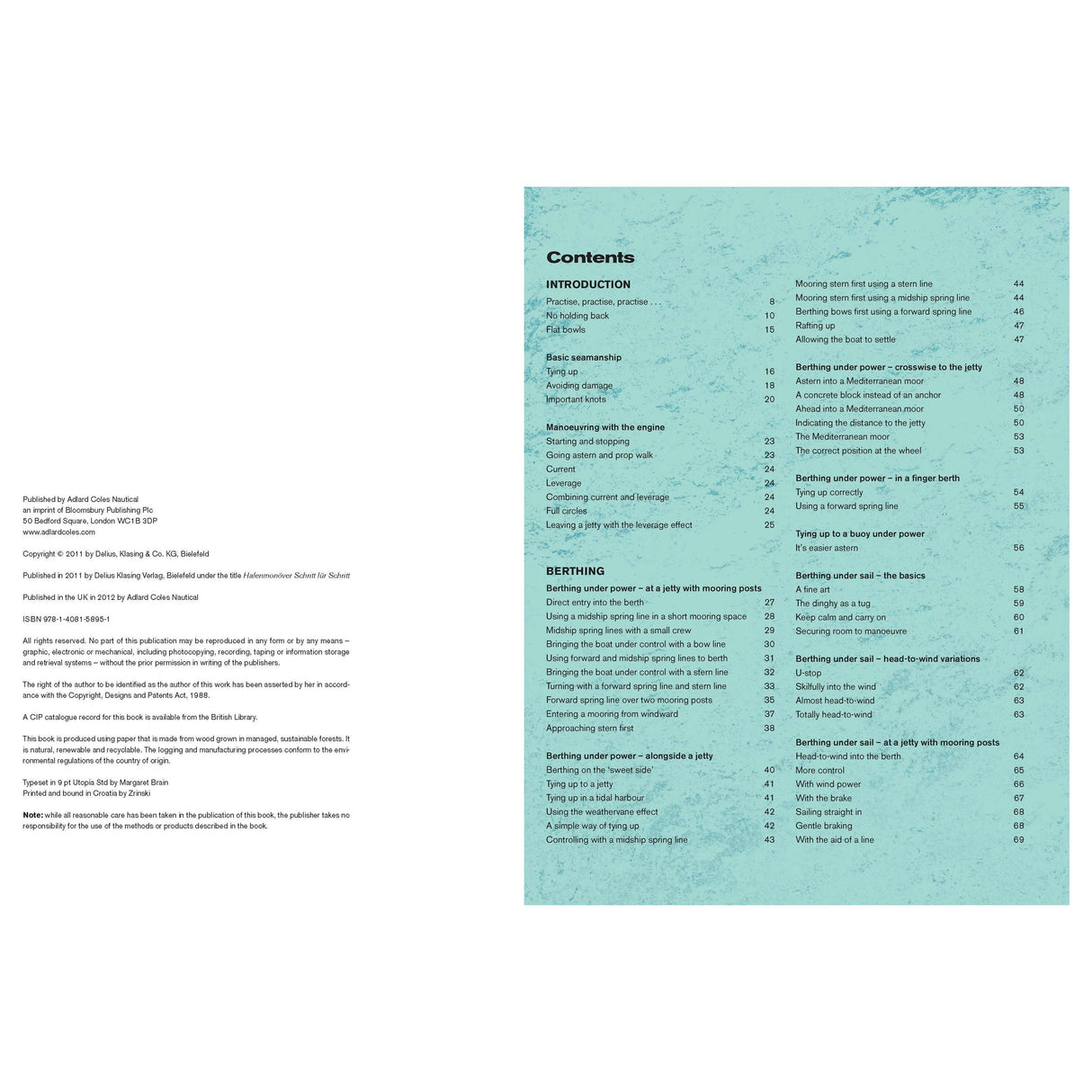 A spread from "Harbour Manoeuvres Step-by-Step" by Adlard Coles shows the table of contents on a teal background with publication details on white. It includes sections like "INTRODUCTION" and "BERTHING," along with topics on boat handling and close-quarters maneuvers.