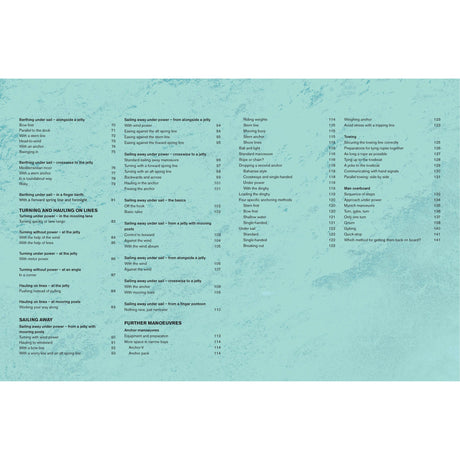 The blue textured background features a detailed list from "Harbour Manoeuvres Step-by-Step" by Adlard Coles, showcasing terms like "Berthing under sail," "Turning and hauling on lines," and "Further maneuvers," alongside page numbers to help you master close-quarters and boat handling.