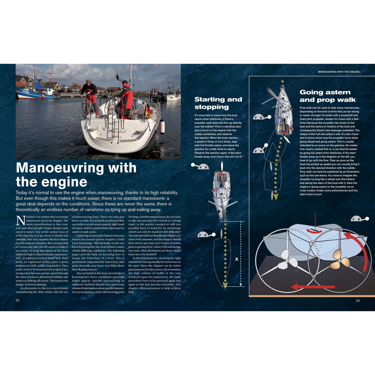 Harbour Manoeuvres Step-by-Step" by Adlard Coles includes a magazine spread titled "Maneuvering with the Engine," featuring diagrams and text on steering, starting/stopping, going astern, and prop walk for mastering close-quarters boat handling.