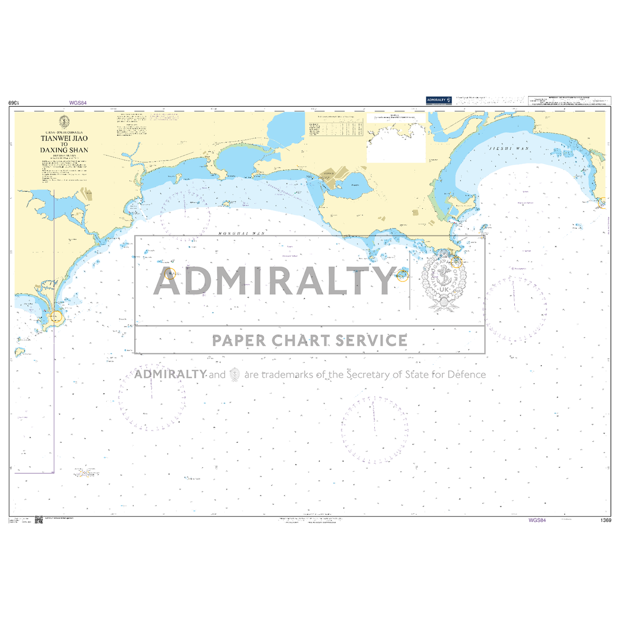 Product image of Admiralty Chart 1369 | Tianwei Jiao to Daxing Shan, featuring navigational markings, depth soundings, and coastal features, essential for safe marine navigation. It could be displayed as an art piece or used for navigation on a boat or ship.