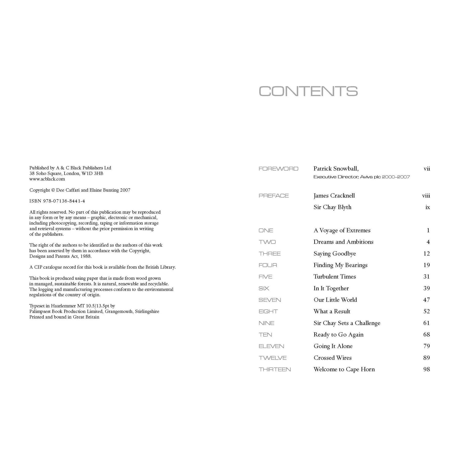Explore the table of contents for "Against the Flow" by Adlard Coles. Discover chapters like "Preface," "One: A Voyage of Extremes," and "Thirteen: Welcome to Cape Horn." Page numbers range from vii to 98, capturing the thrill of westabout sailing.