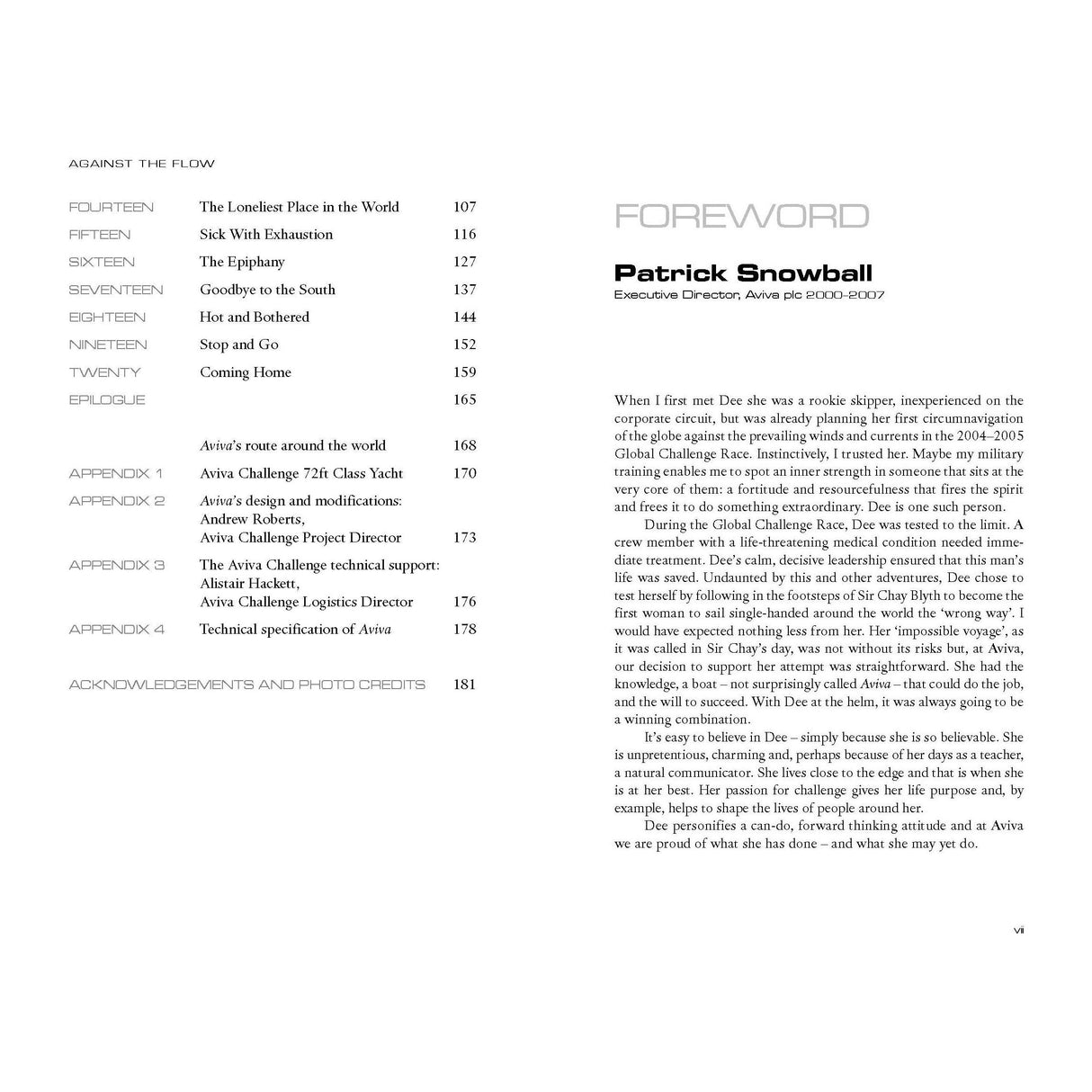 The table of contents and foreword from "Against the Flow" by Adlard Coles feature compelling chapter titles, page numbers, and a foreword by Patrick Snowball, former Aviva Executive Director. Explore this inspiring journey echoing the spirit of solo circumnavigation.