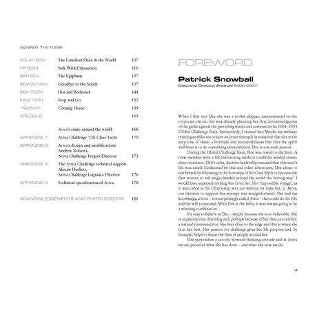 The table of contents and foreword from "Against the Flow" by Adlard Coles feature compelling chapter titles, page numbers, and a foreword by Patrick Snowball, former Aviva Executive Director. Explore this inspiring journey echoing the spirit of solo circumnavigation.