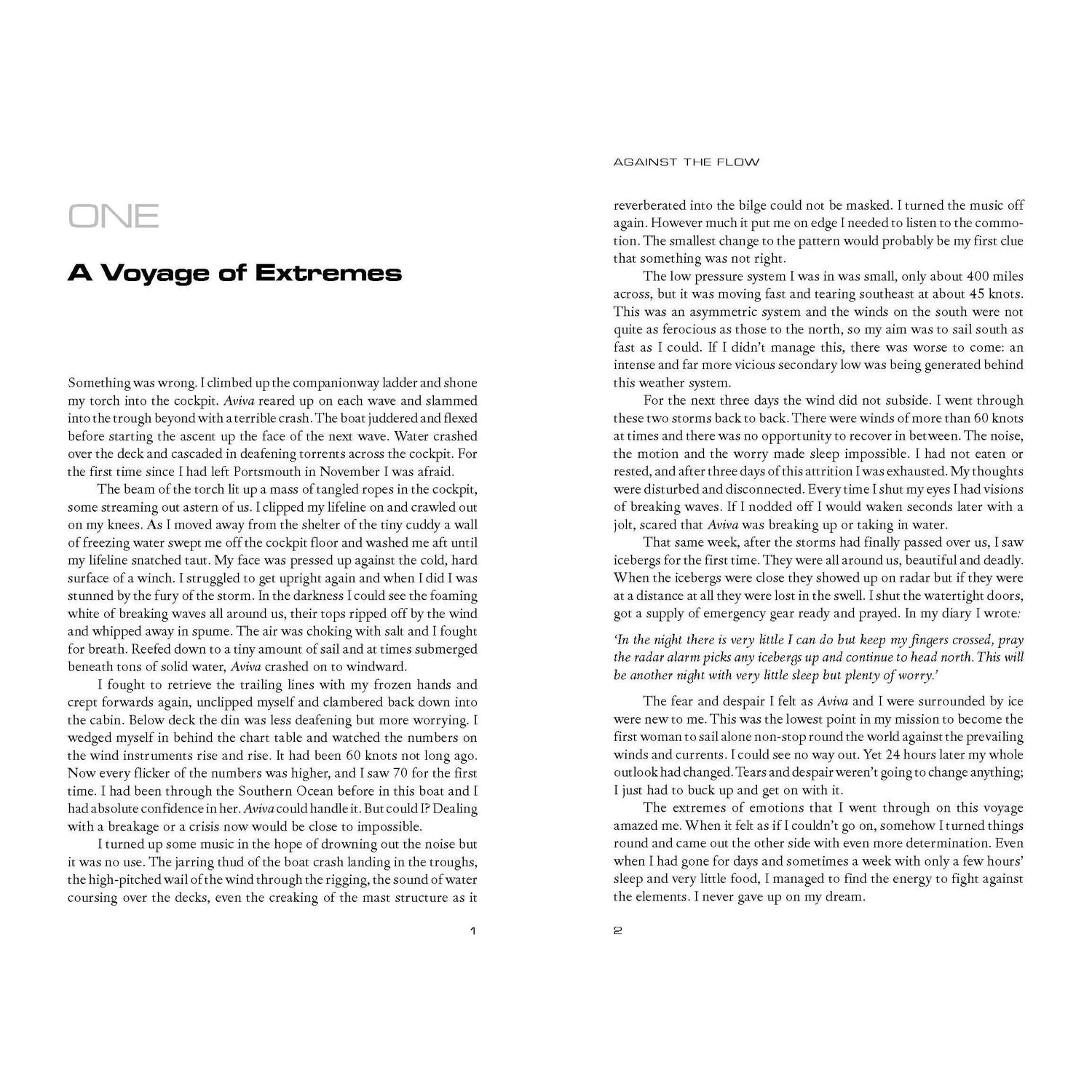 A two-page spread from 'Against the Flow' by Adlard Coles captures the thrill of solo circumnavigation, featuring paragraphs under headers 'ONE' and 'AGAINST THE FLOW,' set in a serif font, echoing an inspiring adventure of westabout sailing and endurance.