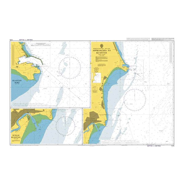 Product image of Admiralty Chart 1379 | Approaches to Kuantan, featuring navigational markings, depth soundings, and coastal features, essential for safe marine navigation. It could be displayed as an art piece or used for navigation on a boat or ship.