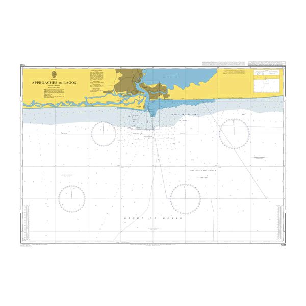 Product image of Admiralty Chart 1381 | Approaches to Lagos, featuring navigational markings, depth soundings, and coastal features, essential for safe marine navigation. It could be displayed as an art piece or used for navigation on a boat or ship.