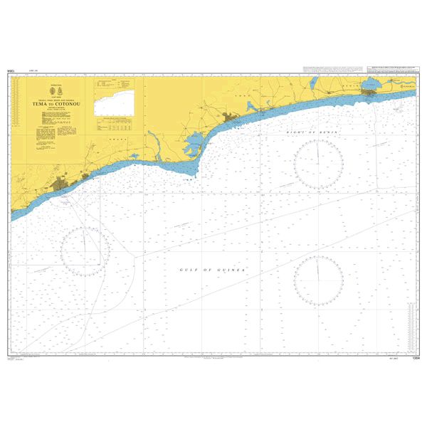 Product image of Admiralty Chart 1384 | Tema to Cotonou, featuring navigational markings, depth soundings, and coastal features, essential for safe marine navigation. It could be displayed as an art piece or used for navigation on a boat or ship.