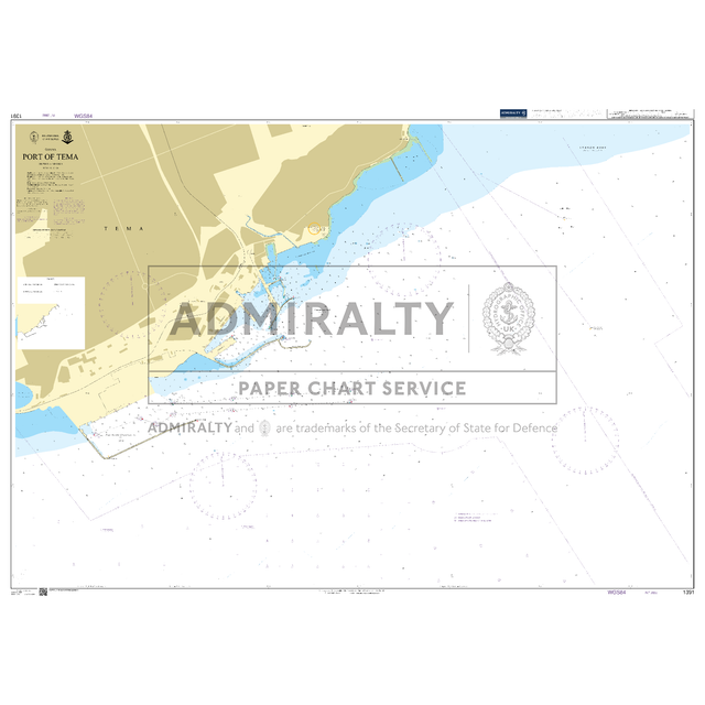 Product image of Admiralty Chart 1391 | Port of Tema, featuring navigational markings, depth soundings, and coastal features, essential for safe marine navigation. It could be displayed as an art piece or used for navigation on a boat or ship.