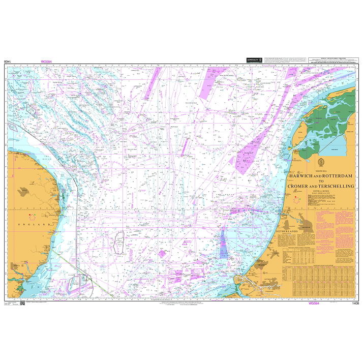 Product image of Admiralty Chart 1408 | Harwich and Rotterdam to Cromer and Terschelling, featuring navigational markings, depth soundings, and coastal features, essential for safe marine navigation. It could be displayed as an art piece or used for navigation on a boat or ship.