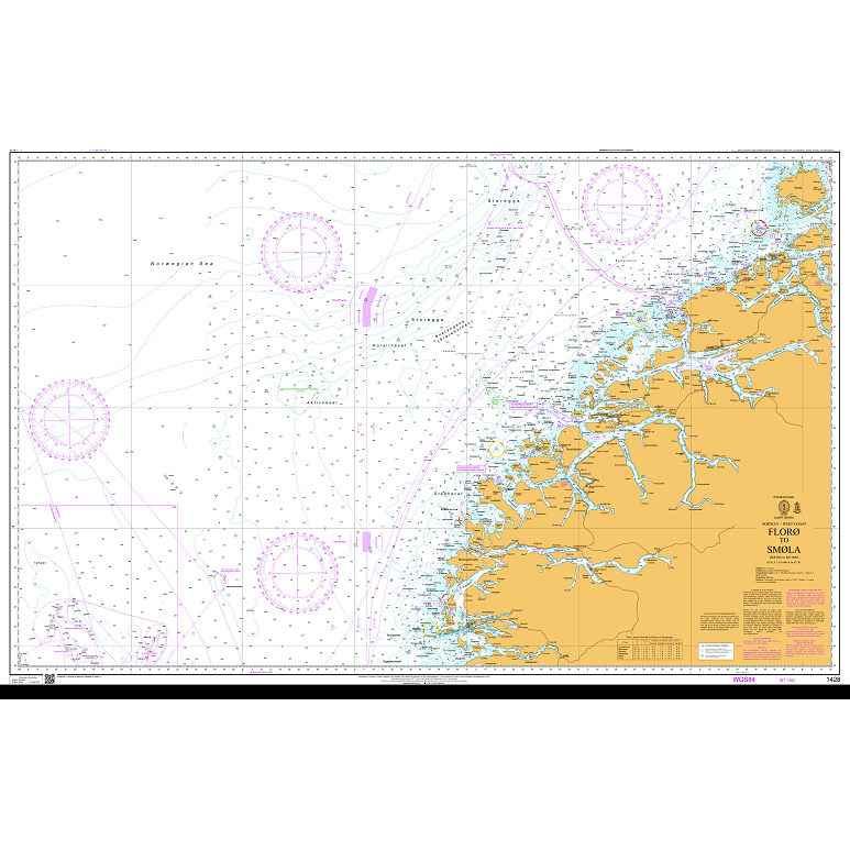 Product image of Admiralty Chart 1428 | Floro to Smola, featuring navigational markings, depth soundings, and coastal features, essential for safe marine navigation. It could be displayed as an art piece or used for navigation on a boat or ship.