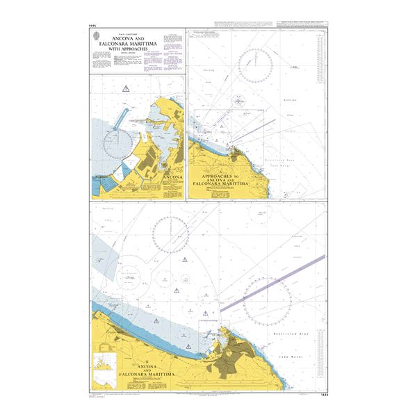 Product image of Admiralty Chart 1444 | Ancona and Falconara Marittima with Approaches, featuring navigational markings, depth soundings, and coastal features, essential for safe marine navigation. It could be displayed as an art piece or used for navigation on a boat or ship.