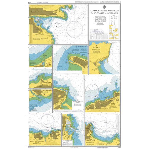 Product image of Admiralty Chart 1462 | Harbours on the North and East Coasts of Scotland, featuring navigational markings, depth soundings, and coastal features, essential for safe marine navigation. It could be displayed as an art piece or used for navigation on a boat or ship.