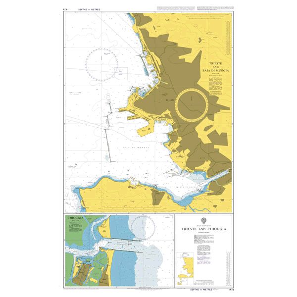 Product image of Admiralty Chart 1473 | Trieste and Approaches, featuring navigational markings, depth soundings, and coastal features, essential for safe marine navigation. It could be displayed as an art piece or used for navigation on a boat or ship.